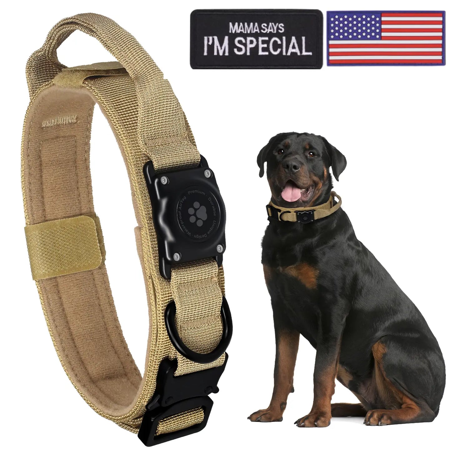 Tactical Airtag Dog Collar, 100% Waterproof Integrated Apple Air Tag Dog Collars with Hard PC Airtag Holder, Adjustable Military Collar with Handle, GPS Dog Collar for Medium Large Dogs