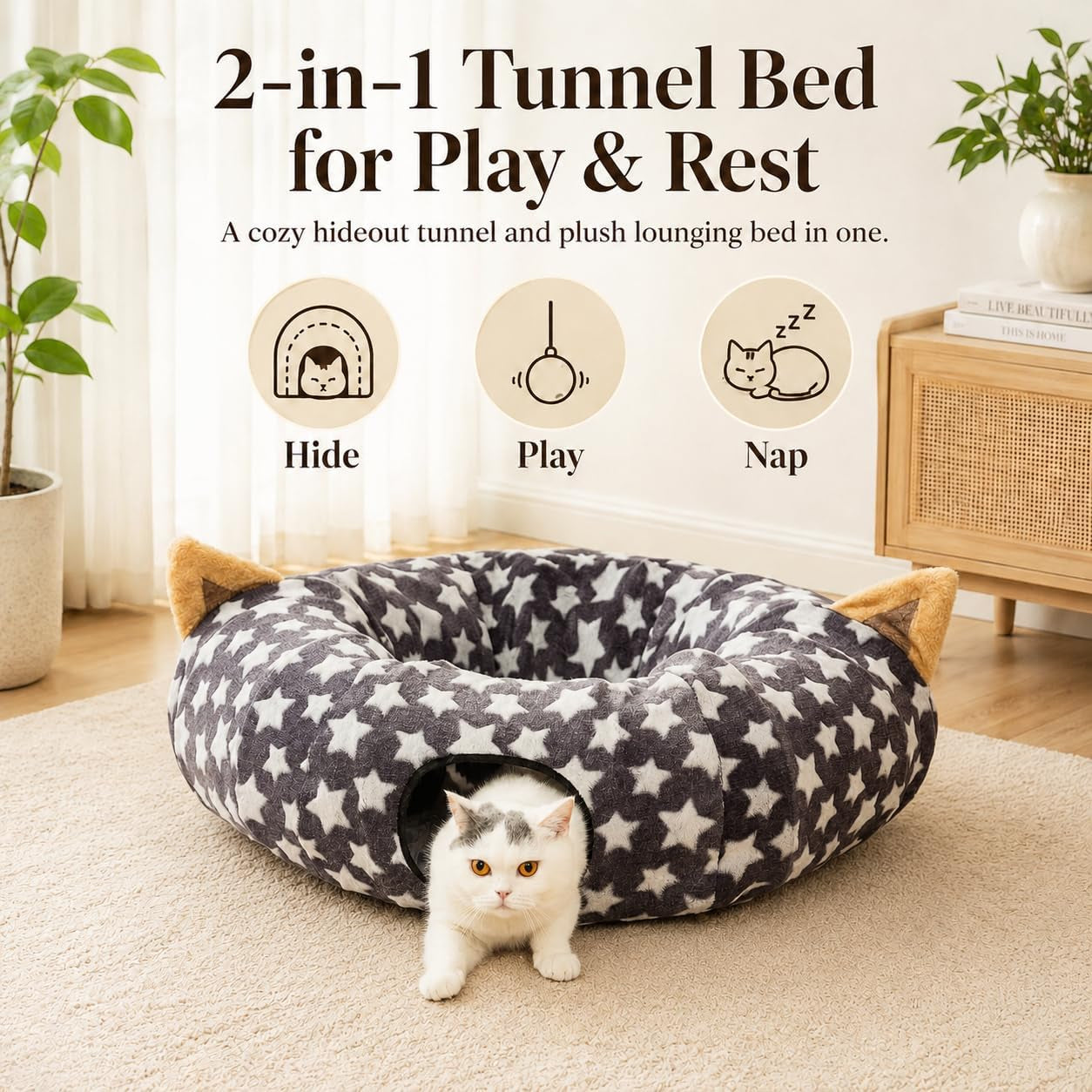 Large Cat Tunnel Bed under Christmas Tree with Fluffy Toy Balls, Small Cushion and Flexible Design- 10 Inch Diameter, 3 Ft Length- Great for Cats, and Small Dogs, Gray Star Pattern