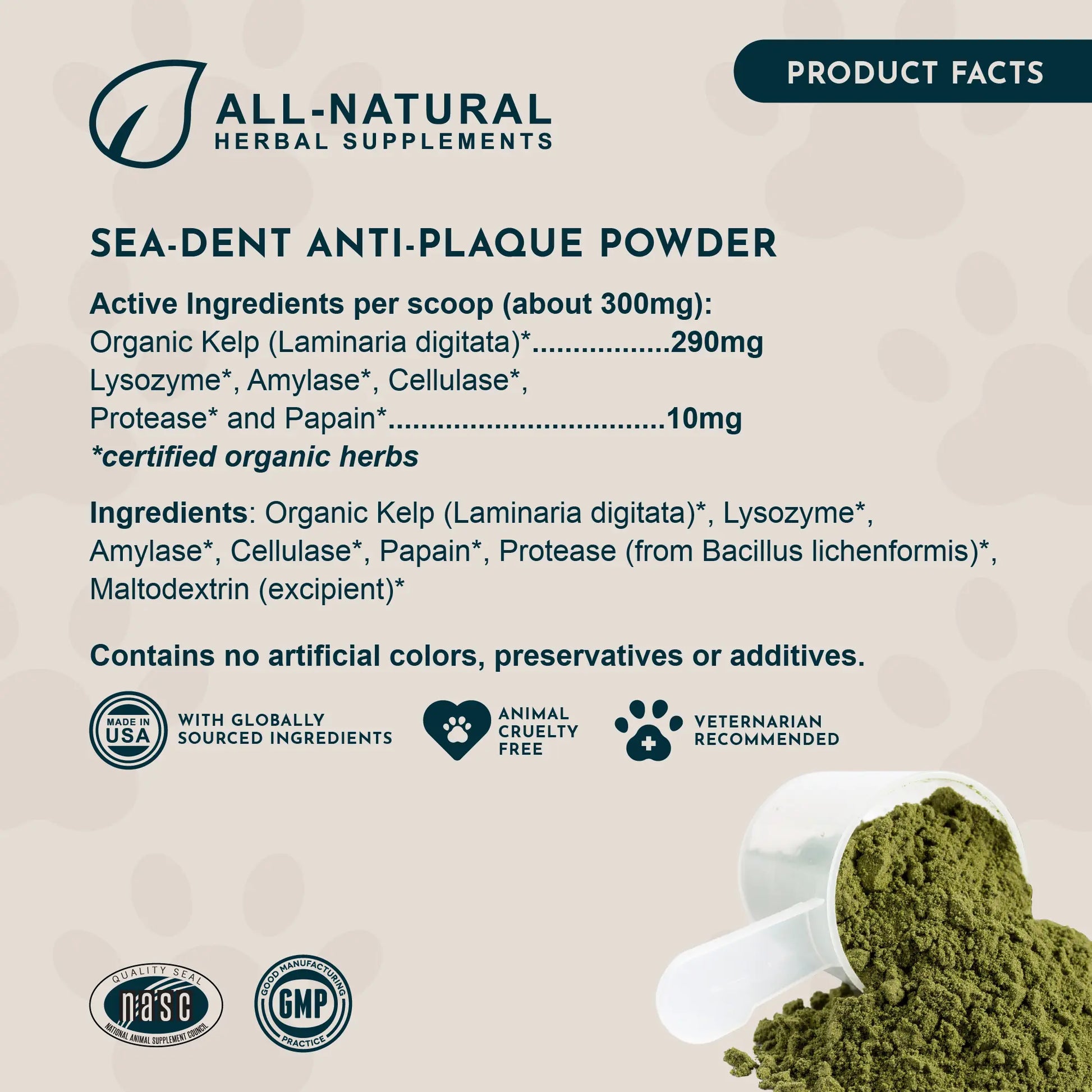 Sea-Dent Anti-Plaque Powder - Dog Dental Powder for Teeth & Gum Support - Organic Kelp & Plant Enzymes for Dogs & Cats