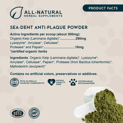 Sea-Dent Anti-Plaque Powder - Dog Dental Powder for Teeth & Gum Support - Organic Kelp & Plant Enzymes for Dogs & Cats