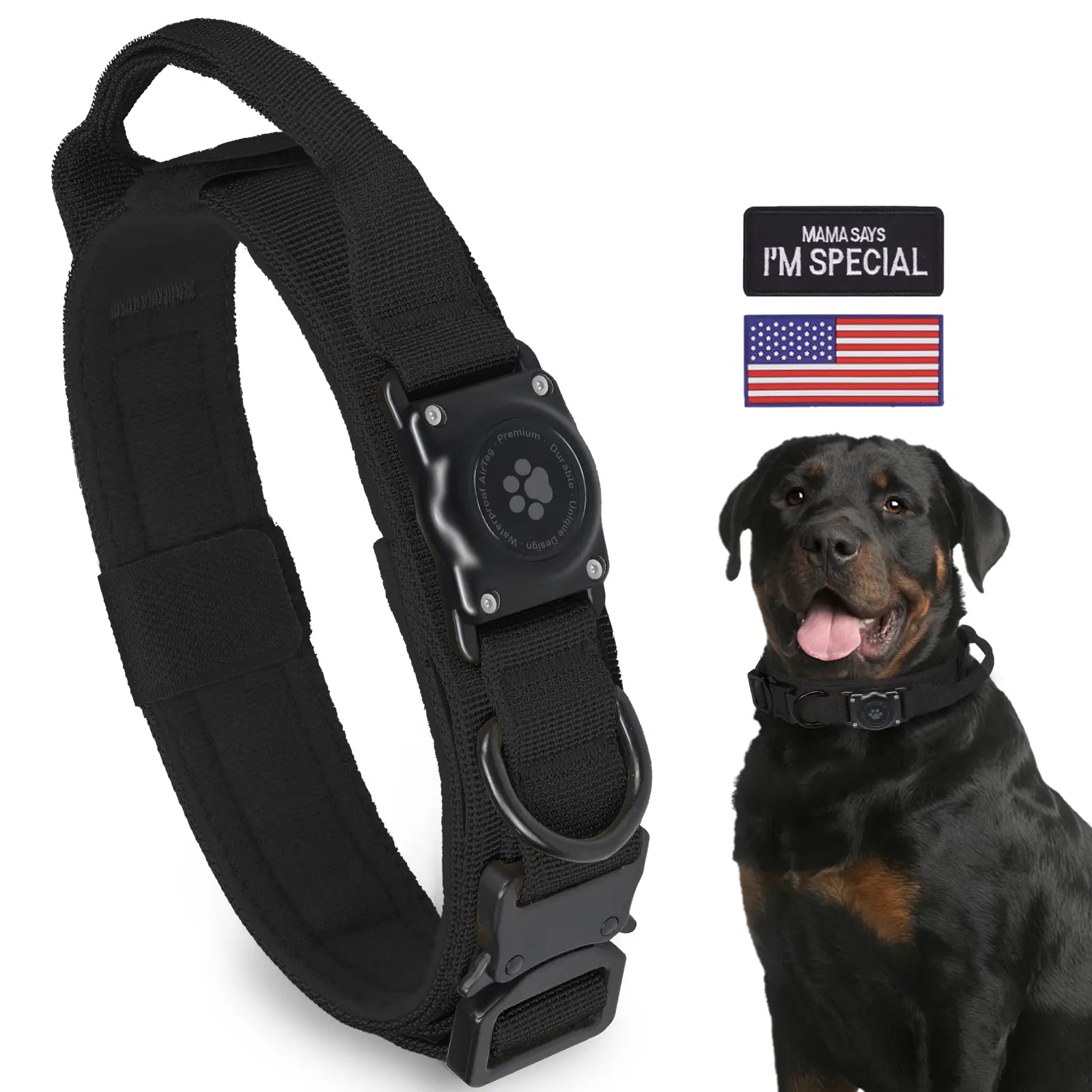 Tactical Airtag Dog Collar, 100% Waterproof Integrated Apple Air Tag Dog Collars with Hard PC Airtag Holder, Adjustable Military Collar with Handle, GPS Dog Collar for Medium Large Dogs
