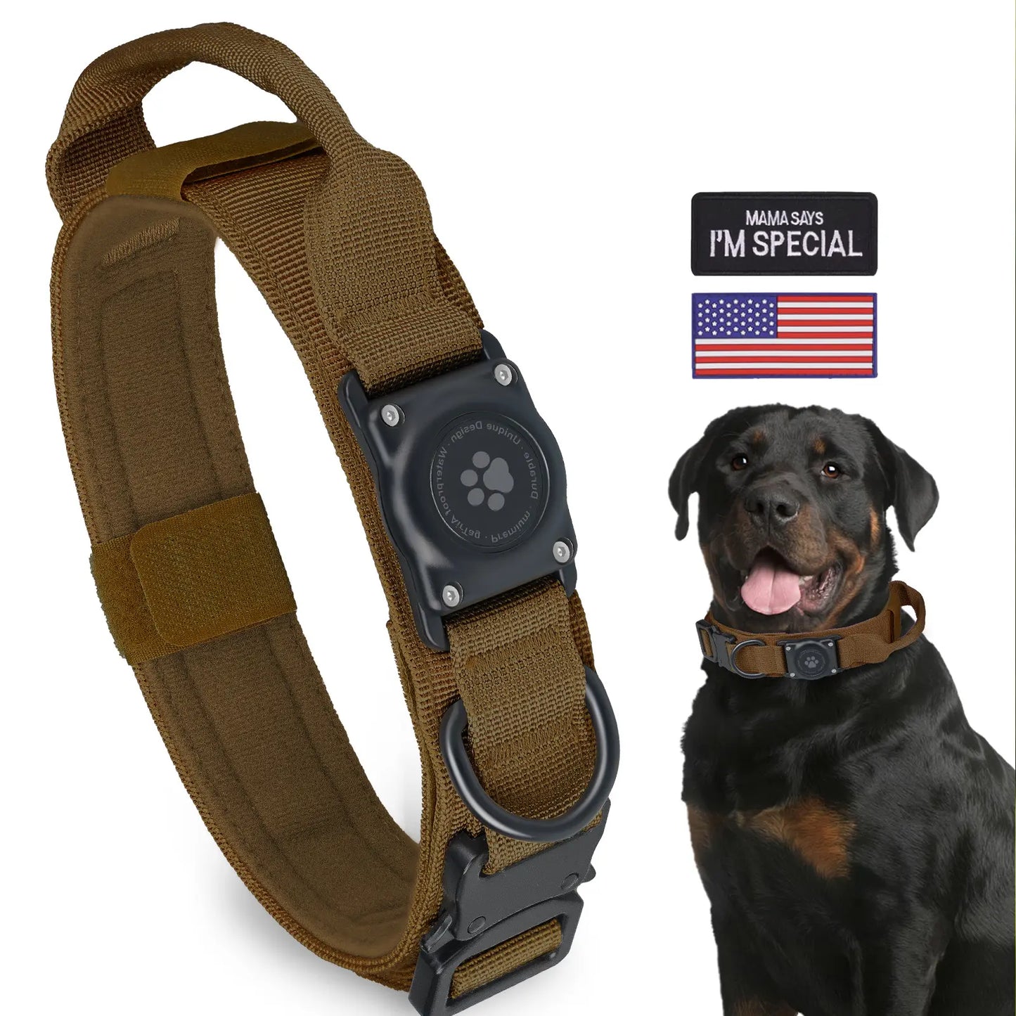 Tactical Airtag Dog Collar, 100% Waterproof Integrated Apple Air Tag Dog Collars with Hard PC Airtag Holder, Adjustable Military Collar with Handle, GPS Dog Collar for Medium Large Dogs