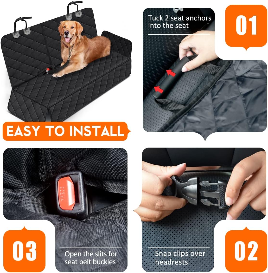 Durable Waterproof Dog Car Seat Cover - Universal Fit Back Seat Protector for Pets and Kids, Compatible with Middle Armrest - 53" Width - Black
