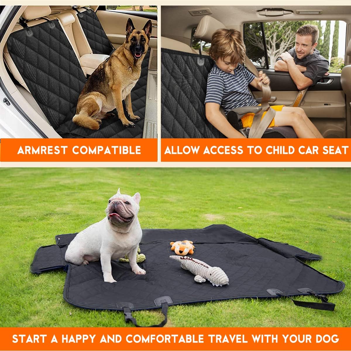 Durable Waterproof Dog Car Seat Cover - Universal Fit Back Seat Protector for Pets and Kids, Compatible with Middle Armrest - 53" Width - Black