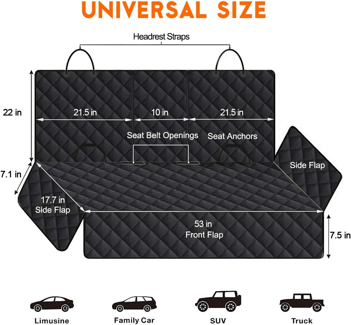 Durable Waterproof Dog Car Seat Cover - Universal Fit Back Seat Protector for Pets and Kids, Compatible with Middle Armrest - 53" Width - Black