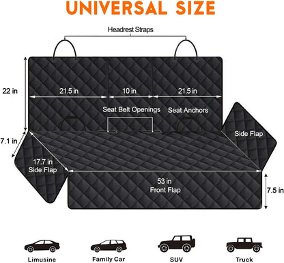 Durable Waterproof Dog Car Seat Cover - Universal Fit Back Seat Protector for Pets and Kids, Compatible with Middle Armrest - 53" Width - Black