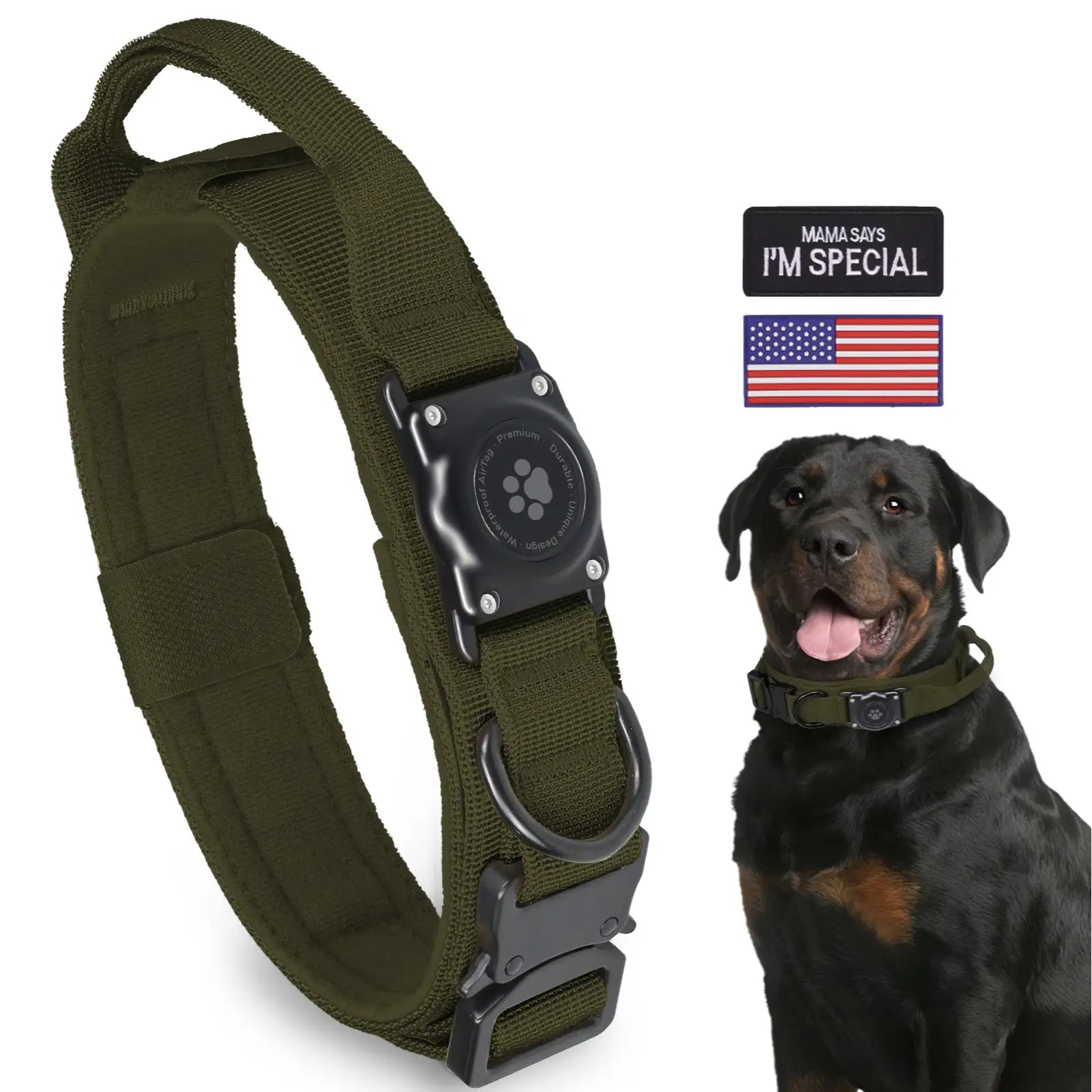 Tactical Airtag Dog Collar, 100% Waterproof Integrated Apple Air Tag Dog Collars with Hard PC Airtag Holder, Adjustable Military Collar with Handle, GPS Dog Collar for Medium Large Dogs