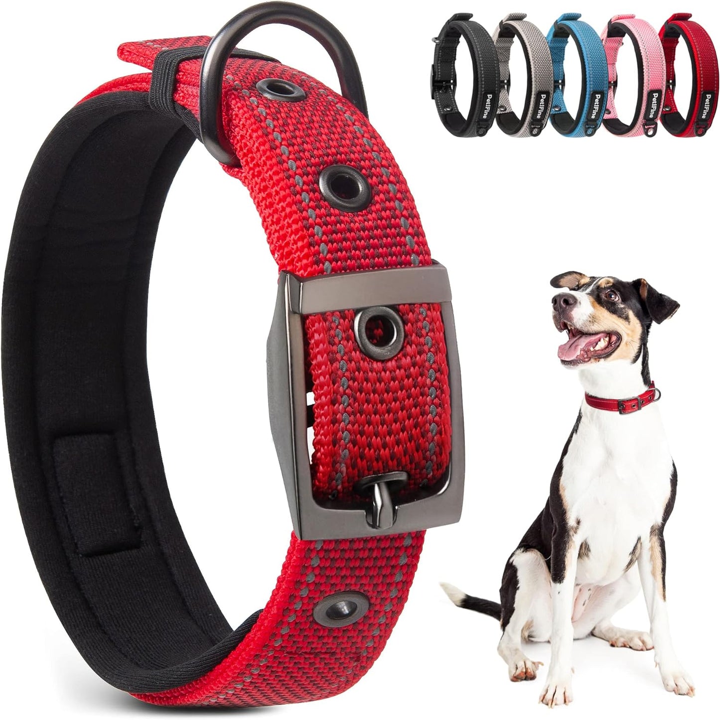 Dog Collar with Metal Buckle, Heavy Duty Dog Collar with Soft Neoprene Padded, Adjustable Reflective Nylon Dog Collars for Small Medium Large Dogs, Red,S