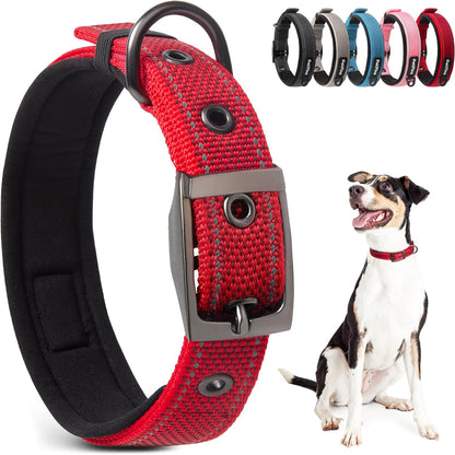 Dog Collar with Metal Buckle, Heavy Duty Dog Collar with Soft Neoprene Padded, Adjustable Reflective Nylon Dog Collars for Small Medium Large Dogs, Red,S