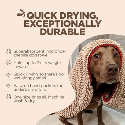 Soggy Doggy Super Shammy Absorbent Dog Towel, Beige, 31X14 | Hand-Pocket Design; Noodle-Texture Chenille; Gentle on Paws & Skin; for Bath Time, Beach, Muddy Walks; Quick-Dry