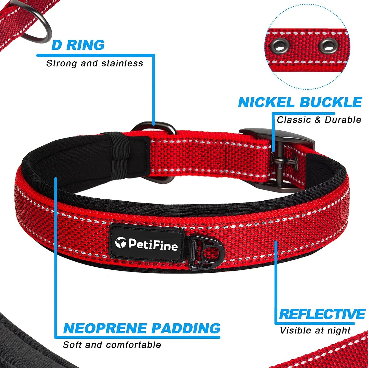 Dog Collar with Metal Buckle, Heavy Duty Dog Collar with Soft Neoprene Padded, Adjustable Reflective Nylon Dog Collars for Small Medium Large Dogs, Red,S