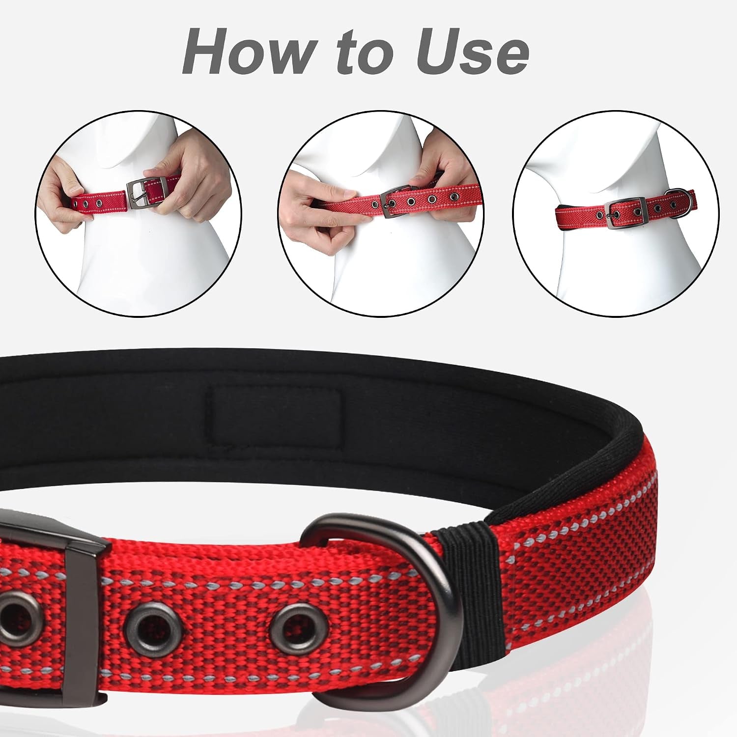Dog Collar with Metal Buckle, Heavy Duty Dog Collar with Soft Neoprene Padded, Adjustable Reflective Nylon Dog Collars for Small Medium Large Dogs, Red,S