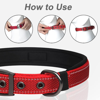 Dog Collar with Metal Buckle, Heavy Duty Dog Collar with Soft Neoprene Padded, Adjustable Reflective Nylon Dog Collars for Small Medium Large Dogs, Red,S