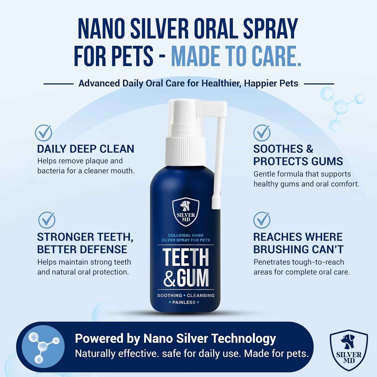 Pet Dental Care Spray for Dogs & Cats, Breath Freshener & Oral Hygiene Solution with Nano Silver & Tartar Buildup Support, Teeth Cleaning Gum Spray, Gentle Formula, No Brushing, 4 Oz