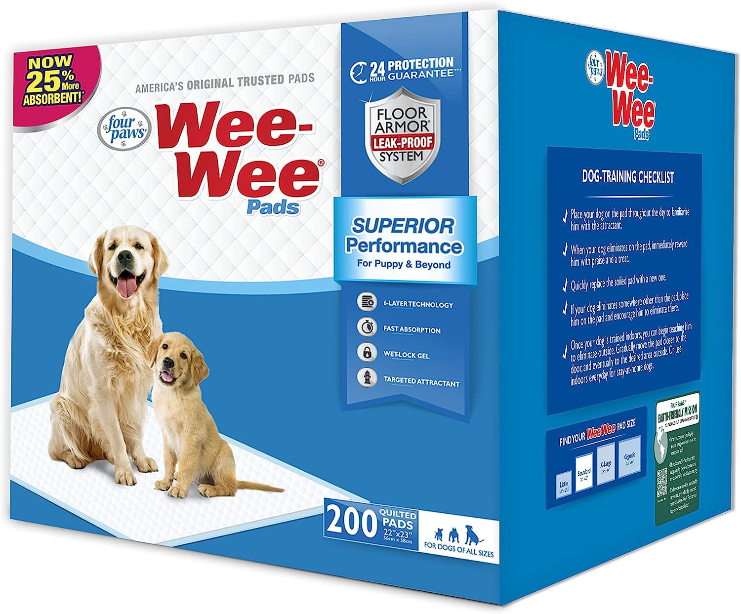Wee-Wee Superior Performance Dog Pee Pads, 200 Count | Quilted Leak-Proof Puppy Pads, Dog Housebreaking & Potty Training, 24-Hour Floor Protection, Pet Supplies, 22" X 23"