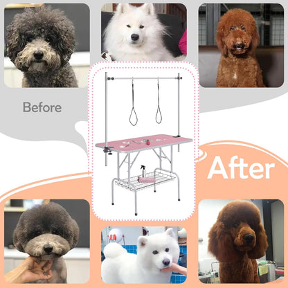Yaheetech 46'' Pet Grooming Table for Large Dogs Adjustable Height - Portable Trimming Table Drying Table W/Arm/Noose/Mesh Tray Maximum Capacity up to 265Lb -Pink
