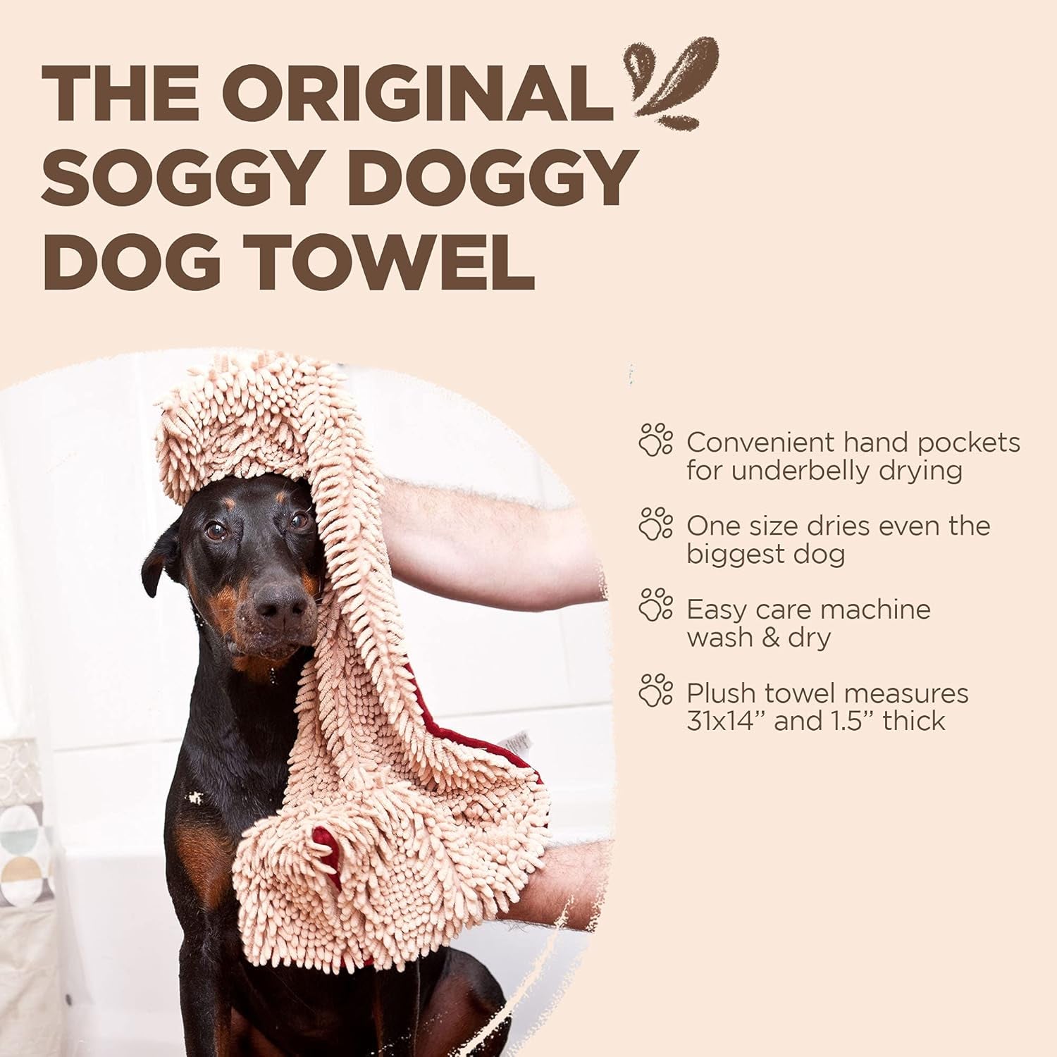 Soggy Doggy Super Shammy Absorbent Dog Towel, Beige, 31X14 | Hand-Pocket Design; Noodle-Texture Chenille; Gentle on Paws & Skin; for Bath Time, Beach, Muddy Walks; Quick-Dry